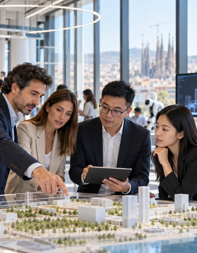 http://Cuatro%20profesionales%20analizan%20una%20maqueta%20de%20un%20proyecto%20urbano%20en%20Barcelona,%20con%20la%20Sagrada%20Familia%20al%20fondo.