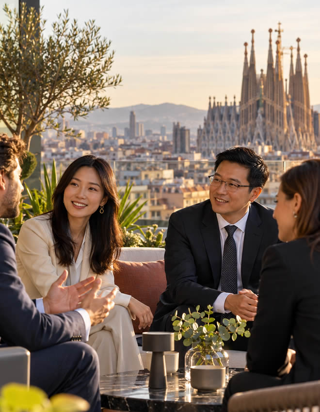 http://Profesionales%20manteniendo%20una%20conversación%20empresarial%20en%20una%20terraza%20de%20Barcelona%20con%20vistas%20a%20la%20Sagrada%20Familia.