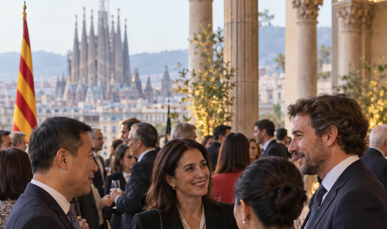 http://Profesionales%20conversando%20durante%20un%20encuentro%20empresarial%20en%20Barcelona,%20con%20la%20bandera%20catalana%20y%20la%20Sagrada%20Familia%20al%20fondo.